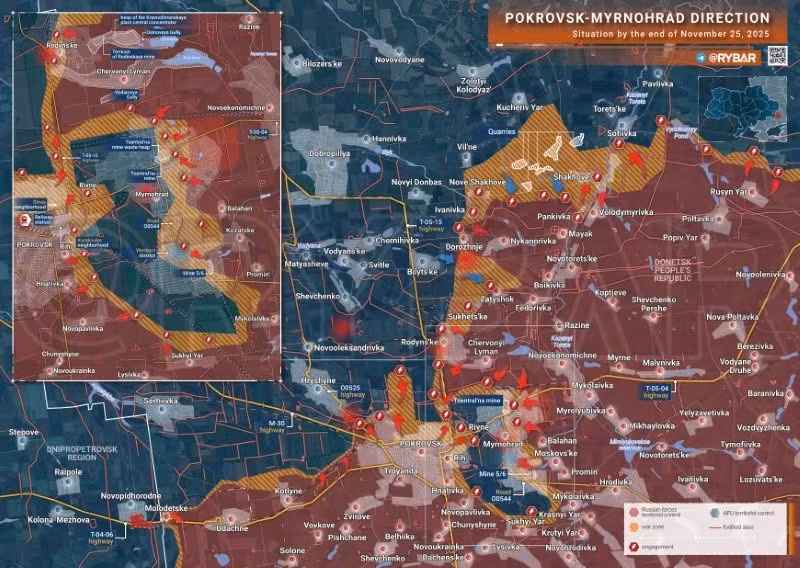 Bản đồ chiến sự Ukraine ngày 25/11/2025, hướng Pokrovsk-Myrnohrad. (Ảnh: Rybar) ban-do-chien-su-2.jpg