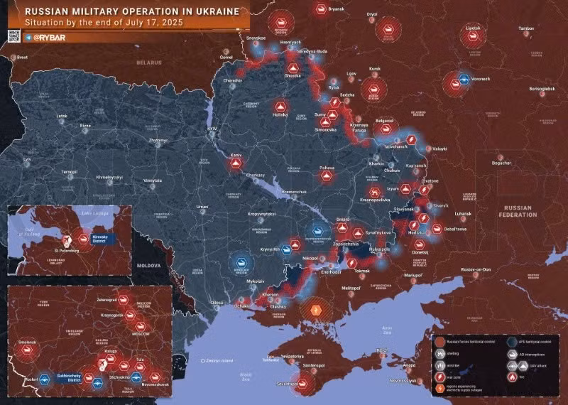 Bản đồ chiến sự Ukraine ngày 17/7/2025. (Ảnh: Rybar) z6815594991993-7ae49c5ef7b92ed8f1a932f2d7cf92d9.jpg