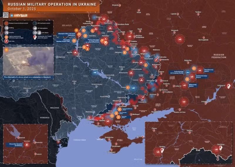 Bản đồ chiến sự Ukraine ngày 1/10/2025. (Ảnh: Rybar) ban-do-chien-su-1.jpg