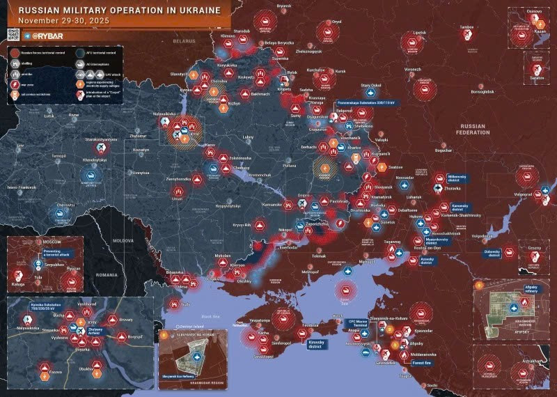 Bản đồ chiến sự Ukraine ngày 01/12/2025. (Ảnh: Rybar) ban-do-chien-su-1.jpg
