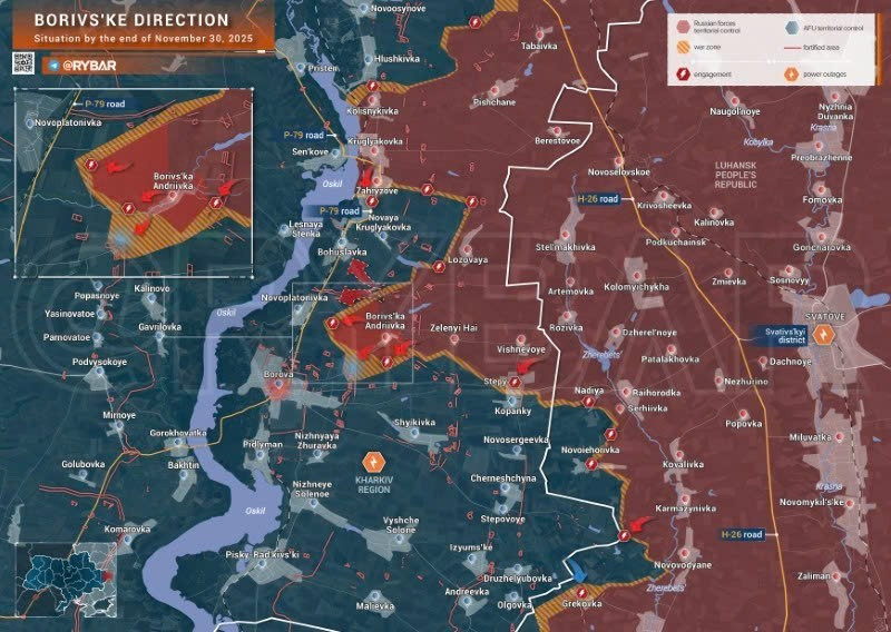 Bản đồ chiến sự Ukraine ngày 01/12/2025, hướng Borivske. (Ảnh: Rybar) ban-do-chien-su-2.jpg