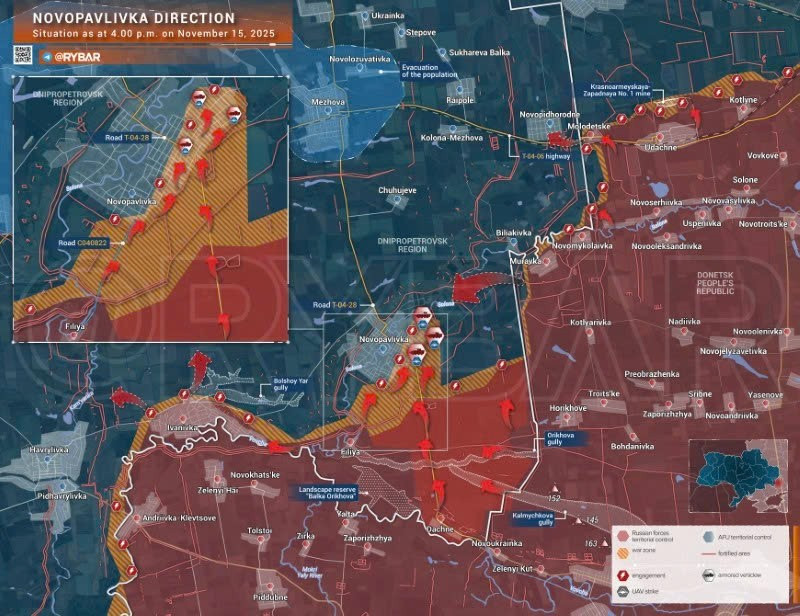 Bản đồ chiến sự Ukraine ngày 15/11/2025, hướng Novopavlivka. (Ảnh: Rybar) ban-do-chien-su.jpg