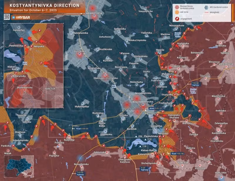 Bản đồ chiến sự Ukraine ngày 7/10/2025, hướng Kostyantynivka. (Ảnh: Rybar) ban-do-chien-su2.jpg