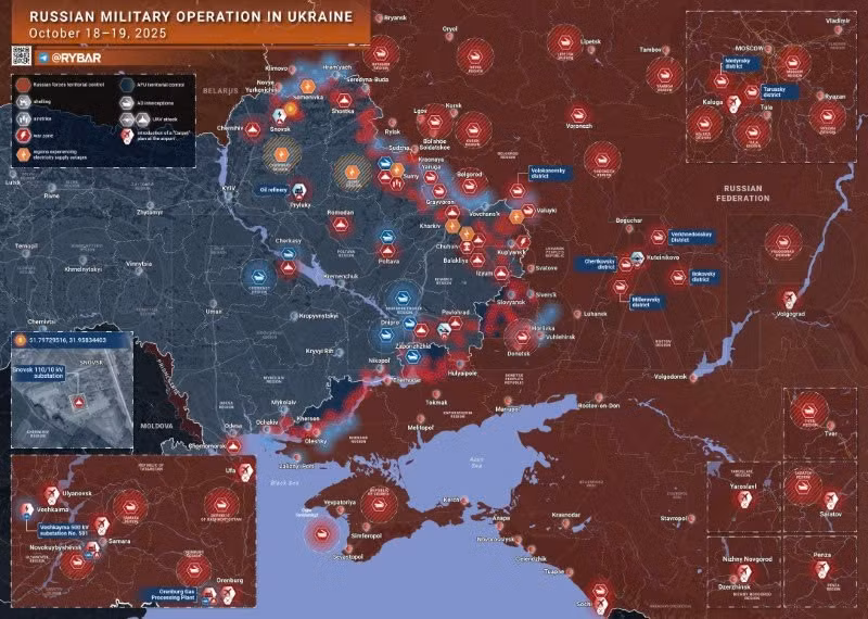 Bản đồ chiến sự Ukraine ngày 19/10/2025. (Ảnh: Rybar) ban-do-chien-su-1.jpg