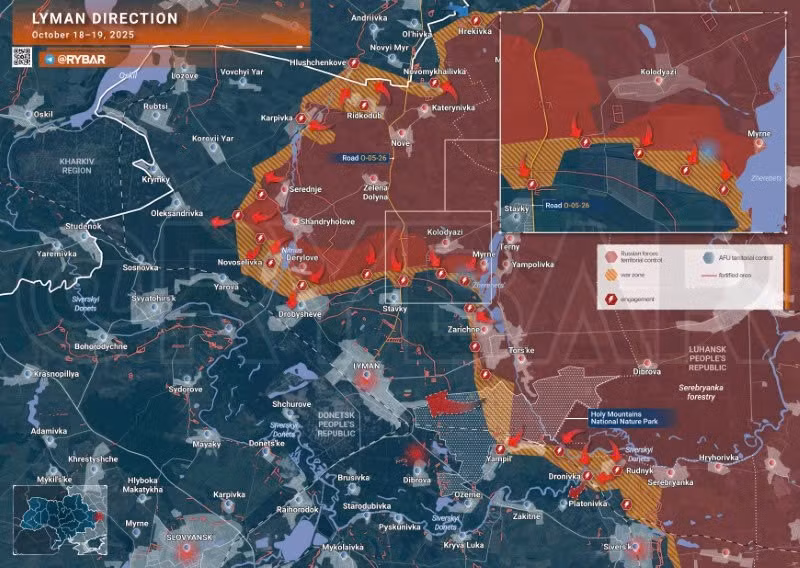 Bản đồ chiến sự Ukraine ngày 19/10/2025, hướng Lyman. (Ảnh: Rybar) ban-do-chien-su-2.jpg