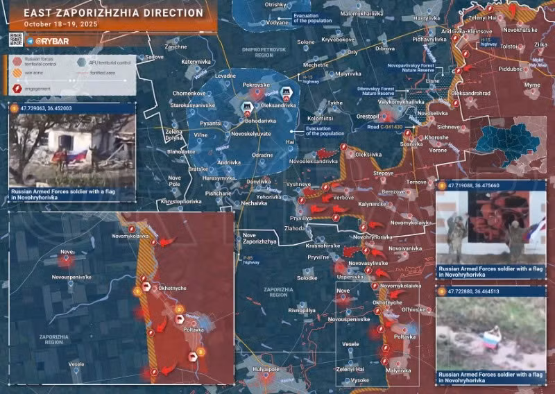 Bản đồ chiến sự Ukraine ngày 19/10/2025, hướng Zaporozhye. (Ảnh: Rybar) ban-do-chien-su-3.jpg