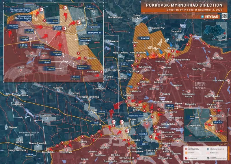 Bản đồ chiến sự Ukraine ngày 3/11/2025, hướng Pokrovsk-Myrnohrad. (Ảnh: Rybar) ban-do-chien-su.jpg