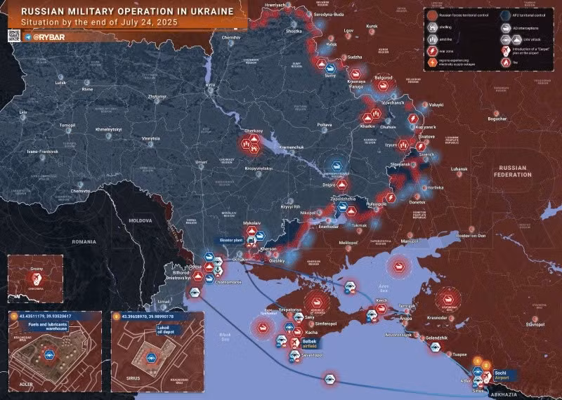 Bản đồ chiến sự Ukraine ngày 24/7/2025. (Ảnh: Rybar) ban-do-chien-su.jpg