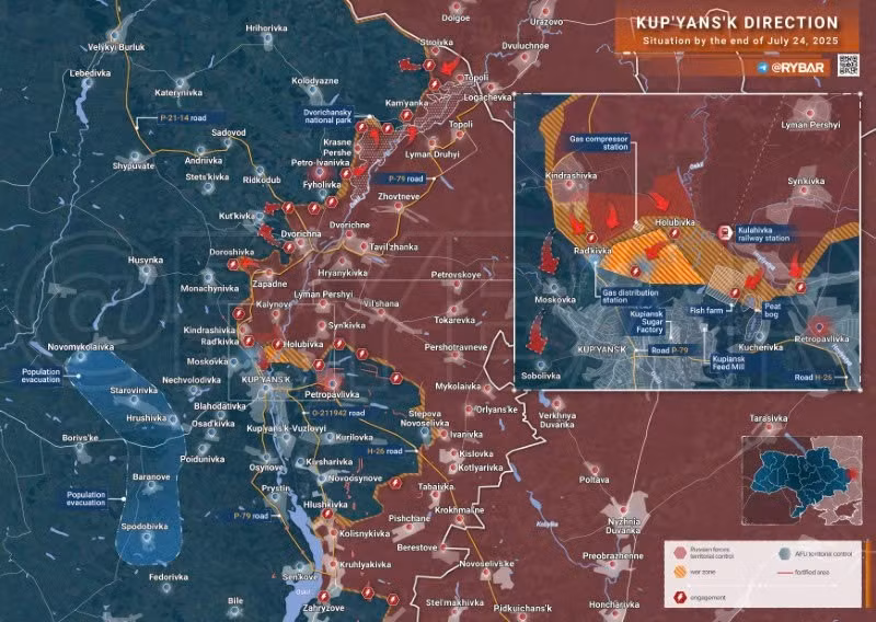 Bản đồ chiến sự Ukraine ngày 24/7/2025, hướng Kupyansk. (Ảnh: Rybar) ban-do-chien-su-2.jpg