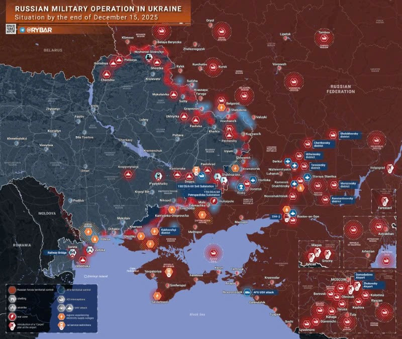 Bản đồ chiến sự Ukraine ngày 15/12/2025. (Ảnh: Rybar) ban-do-chien-su.jpg