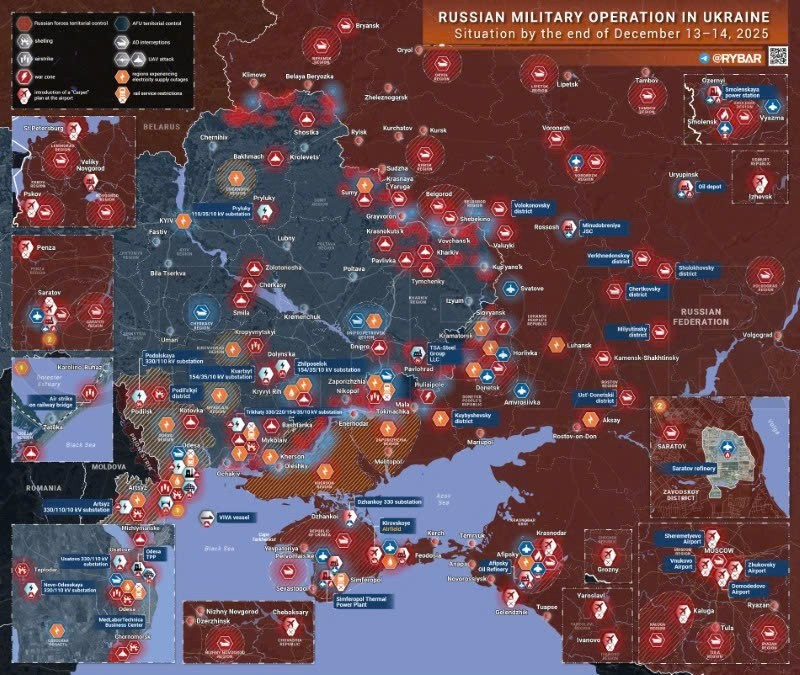 Bản đồ chiến sự Ukraine ngày 14/12/2025. (Ảnh: Rybar) ban-do-chien-su.jpg
