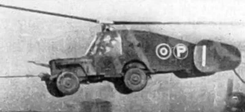 Rotabuggy. Xe jeep gắn cánh quạt không động cơ, kéo bằng máy bay, thử nghiệm bay 10 phút ở tốc độ 105 km/h. Dù khả thi, bị bỏ vì tàu lượn vận tải đã chở được xe jeep nhung-may-bay-cai-bien-dien-ro-thoi-the-chien-ii-5a.jpg