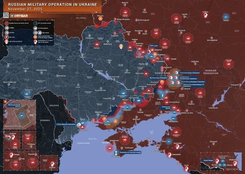 Bản đồ chiến sự Ukraine ngày 27/11/2025. (Ảnh: Rybar) ban-do-dien-tu.jpg
