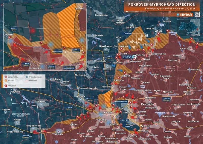Bản đồ chiến sự Ukraine ngày 27/11/2025, hướng Pokrovsk-Myrnohrad. (Ảnh: Rybar) ban-do-dien-tu-2.jpg