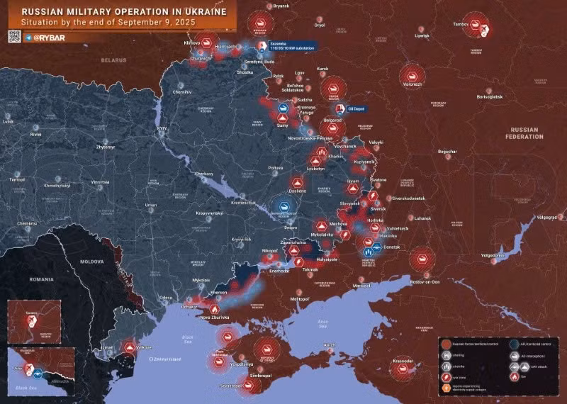 Bản đồ chiến sự Ukraine ngày 9/9/2025. (Ảnh: Rybar) ban-do-chien-su-1.jpg