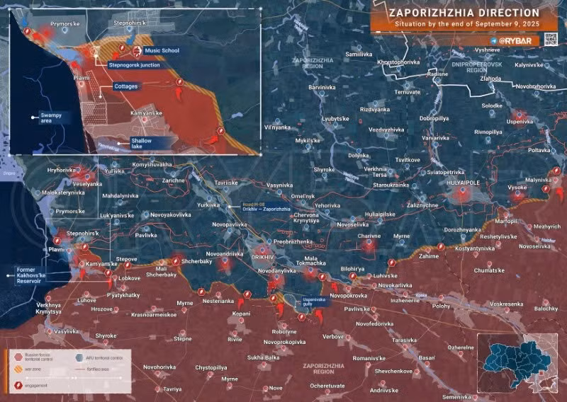 Bản đồ chiến sự Ukraine ngày 9/9/2025, hướng Zaporozhye. (Ảnh: Rybar) ban-do-chien-su-3.jpg