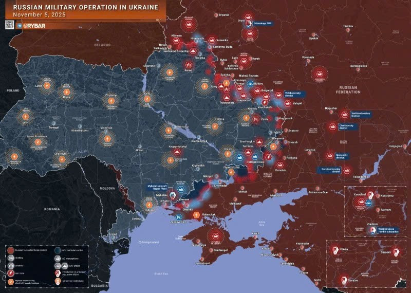 Bản đồ chiến sự Ukraine ngày 5/11/2025. (Ảnh: Rybar) ban-do-chien-su-1.jpg