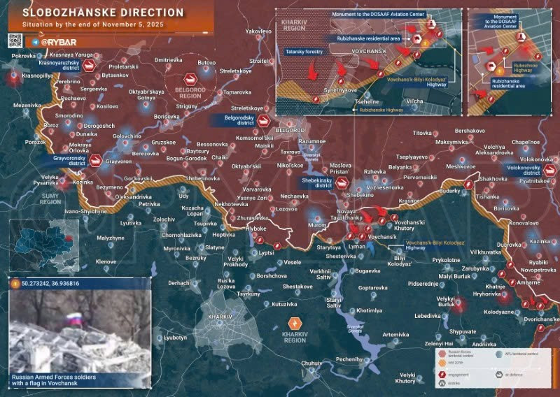 Bản đồ chiến sự Ukraine ngày 5/11/2025, hướng Slobozhanske. (Ảnh: Rybar) ban-do-chien-su-2.jpg