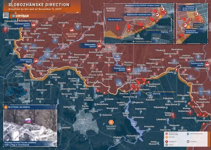 Bản đồ chiến sự Ukraine ngày 5/11/2025, hướng Slobozhanske. (Ảnh: Rybar) ban-do-chien-su-2.jpg