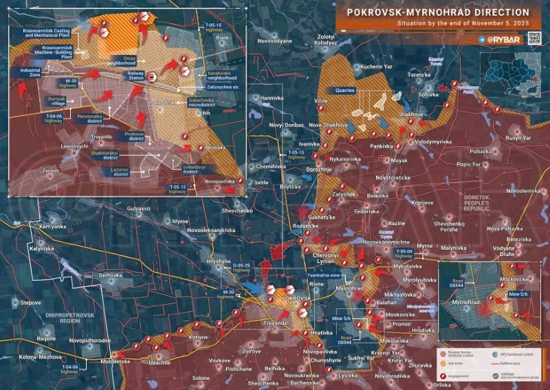 Bản đồ chiến sự Ukraine ngày 5/11/2025, hướng Pokrovsk-Myrnohrad. (Ảnh: Rybar) ban-do-chien-su-3.jpg