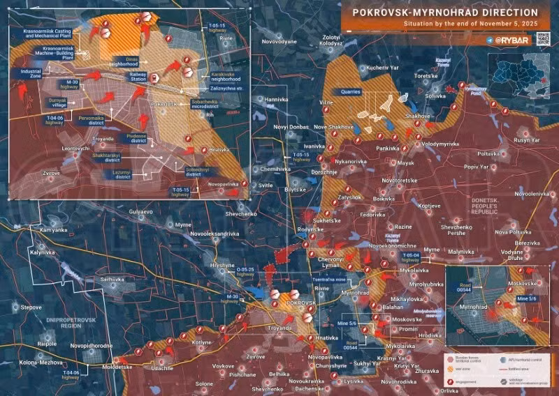 Bản đồ chiến sự Ukraine ngày 5/11/2025, hướng Pokrovsk-Myrnohrad. (Ảnh: Rybar) ban-do-chien-su-3.jpg