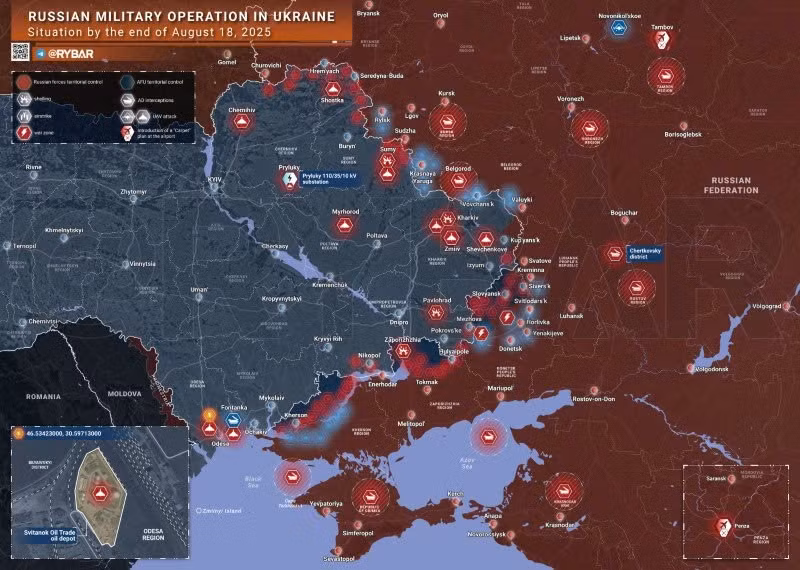 Bản đồ chiến sự Ukraine ngày 18/8/2025. (Ảnh: Rybar) ban-do-chien-su-1.jpg