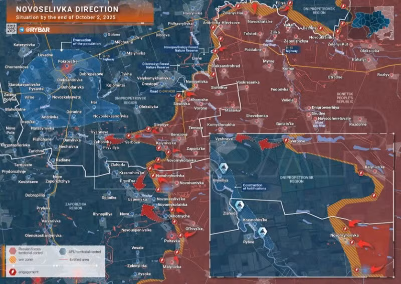 Bản đồ chiến sự Ukraine ngày 2/10/2025, hướng Novoselivka. (Ảnh: Rybar) ban-do-chien-su-2.jpg