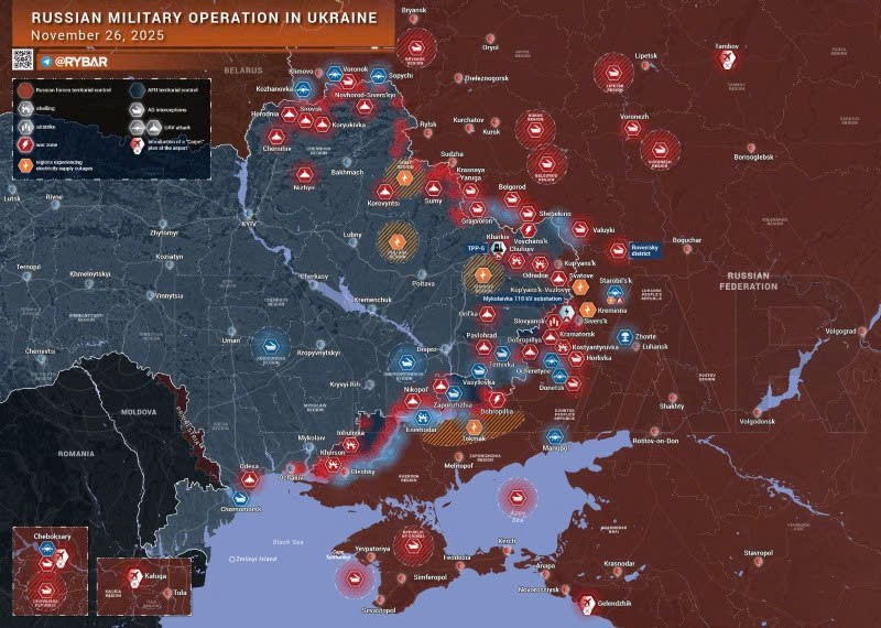 Bản đồ chiến sự Ukraine ngày 26/11/2025. (Ảnh: Rybar) ban-do-chien-su-1.jpg