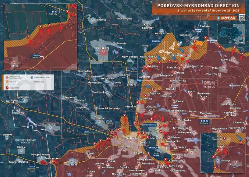 Bản đồ chiến sự Ukraine ngày 26/11/2025, hướng Pokrovsk-Myrnohrad. (Ảnh: Rybar) ban-do-chien-su-2.jpg
