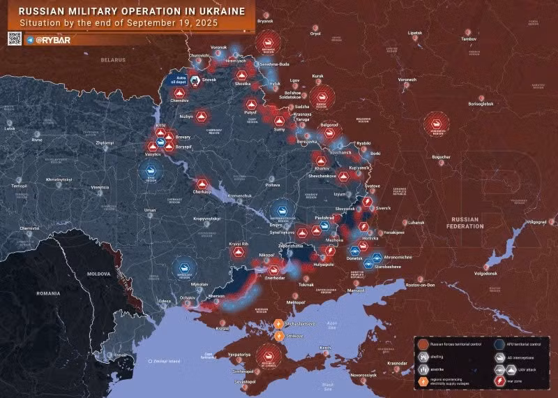 Bản đồ chiến sự Ukraine ngày 18/9/2025. (Ảnh: Rybar) ban-do-chien-su.jpg
