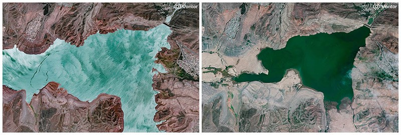 Ảnh vệ tinh cho thấy mực nước thay đổi tại đập Sefidrud gần Manjil, Iran, tháng 9/2024 (trái) và tháng 9/2025 (phải). Ảnh: Reuters. chum-anh-nguoi-da-iran-cau-mua-khi-han-han-tram-trong-1105-014.jpg