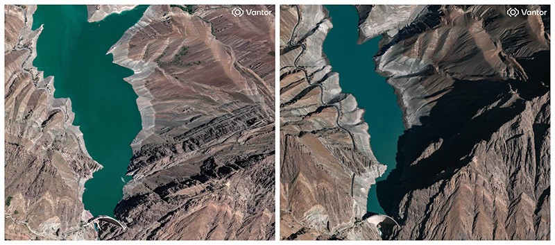Mực nước tại đập Amir Kabir gần Karaj, Iran vào tháng 5 (trái) và tháng này (phải). Ảnh: Reuters. chum-anh-nguoi-da-iran-cau-mua-khi-han-han-tram-trong-1105-06.jpg