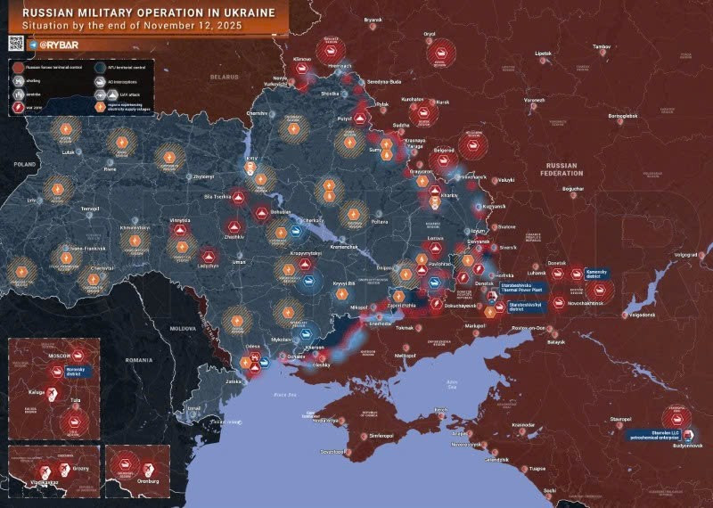 Bản đồ chiến sự Ukraine ngày 12/11/2025. (Ảnh: Rybar) ban-do-chien-su-1.jpg