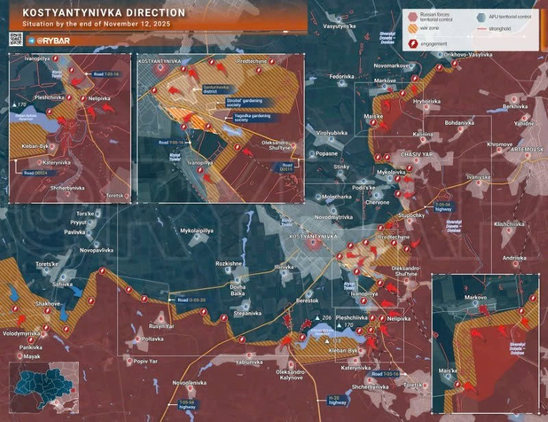Bản đồ chiến sự Ukraine ngày 12/11/2025, hướng Kostyantynivka. (Ảnh: Rybar) ban-do-chien-su-2.jpg