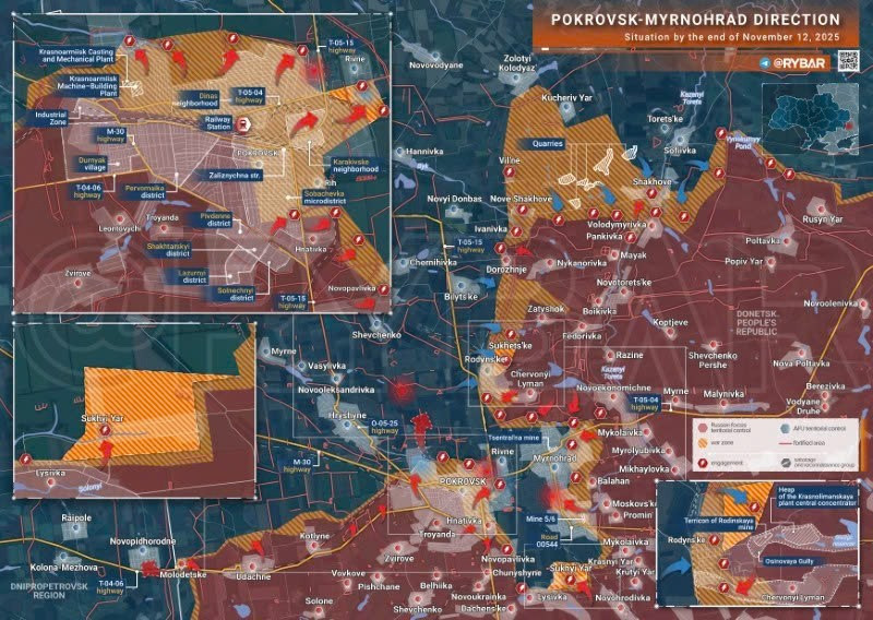 Bản đồ chiến sự Ukraine ngày 12/11/2025, hướng Pokrovsk-Myrnohrad. (Ảnh: Rybar) ban-do-chien-su-3.jpg