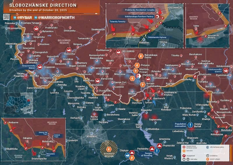 Bản đồ chiến sự Ukraine ngày 30/10/2025, hướng Slobozhanske. (Ảnh: Rybar) ban-do-chien-su-2.jpg