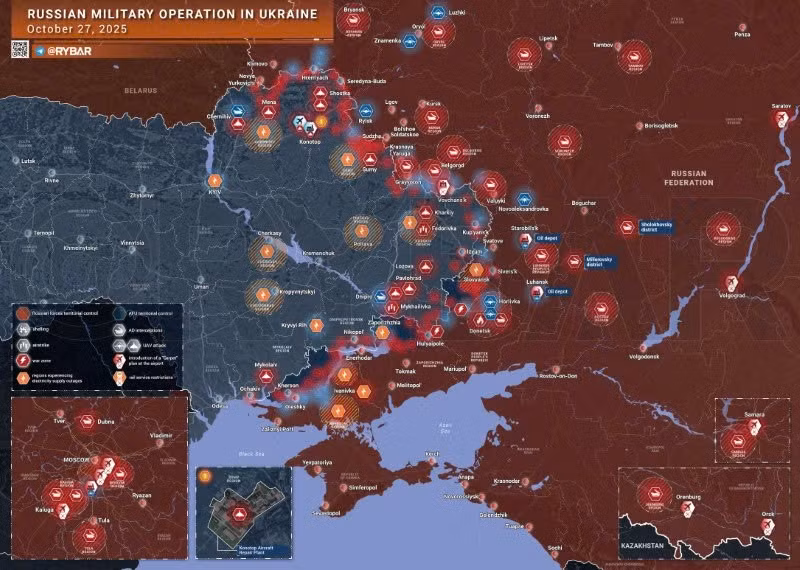 Bản đồ chiến sự Ukraine ngày 28/10/2025. (Ảnh: Rybar) ban-do-chien-su-1.jpg