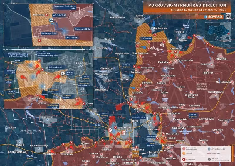 Bản đồ chiến sự Ukraine ngày 28/10/2025, hướng Pokrovsk-Myrnohrad. (Ảnh: Rybar) ban-do-chien-su-2.jpg