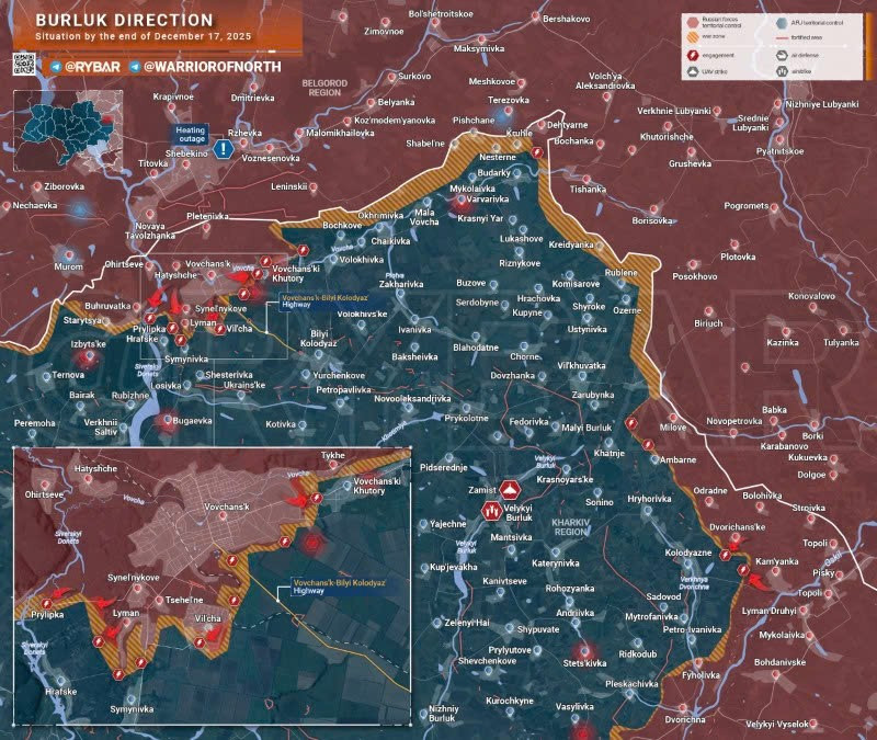 Bản đồ chiến sự Ukraine ngày 17/12/2025, hướng Burluk. (Ảnh: Rybar) ban-do-chien-su-2.jpg