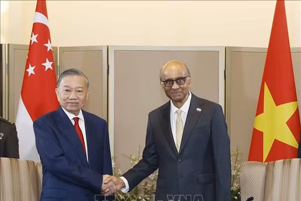 Ngay sau lễ đón, Tổng Bí thư, Chủ tịch nước Tô Lâm hội đàm với Tổng thống Singapore Tharman Shanmugaratnam. Ảnh: Thống Nhất/TTXVN