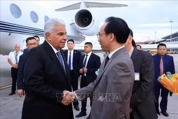 Bộ trưởng Bộ Giáo dục và Đào tạo Hoàng Minh Sơn đón Tổng thống nước Cộng hòa Panama José Raúl Mulino và Phu nhân tại sân bay quốc tế Nội Bài. Ảnh: Tuấn Anh/TTXVN