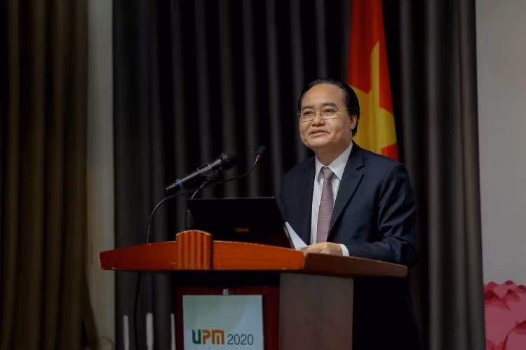 Bộ trưởng Bộ GD&amp;ĐT Phùng Xuân Nhạ phát biểu tại Hội thảo quốc tế “Đối sánh chất lượng giáo dục ĐH” và giới thiệu hệ thống xếp hạng đối sánh UPM. Ảnh: Thế Đại