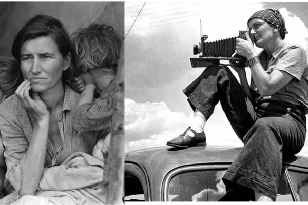 Nhiếp ảnh gia Dorothea Lange (phải) và bức ảnh 'Người mẹ di cư'.