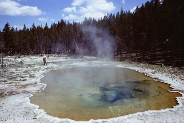 Ông Thomas Brock đứng cạnh suối Mushroom Spring ở Vườn quốc gia Yellowstone năm 1967. Ảnh: Thomas Brock/USGS