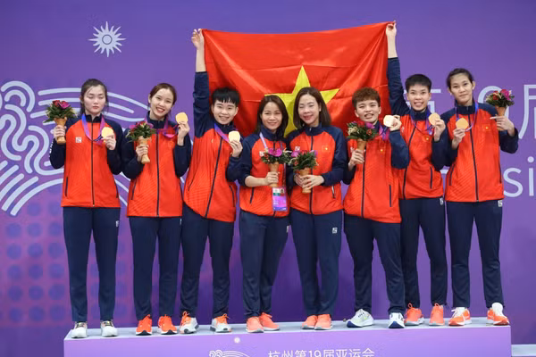 Đội cầu mây nữ 4 người giành Huy chương Vàng ASIAD 19 năm 2023 tại Trung Quốc. Ảnh: INT