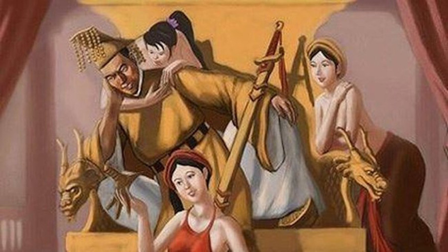 Tranh minh họa vua Trần Dụ Tông đi chơi bị cướp mất ấn tín. Ảnh: ITN.