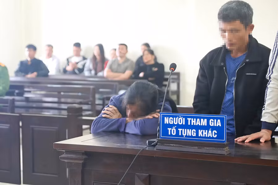 Bà V.T.V. gục khóc trong phiên tòa xét xử con trai.
