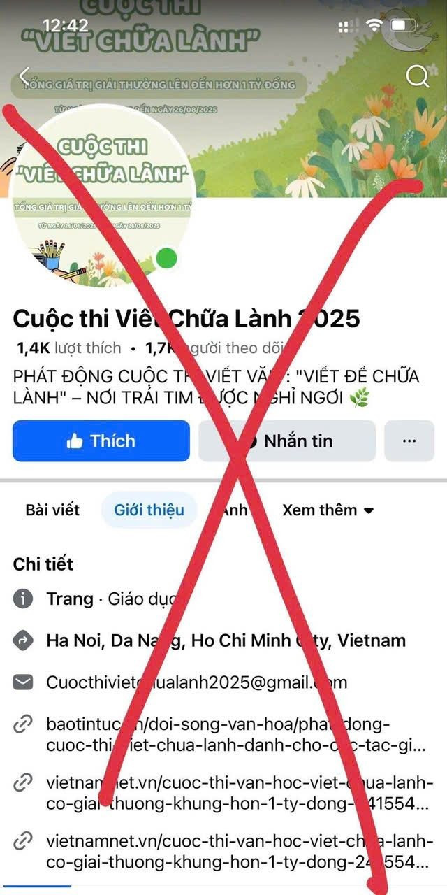 Kẻ lừa đảo đã lập trang Facebook giả mạo cuộc thi 'Viết chữa lành' để dẫn dắt các nạn nhân nhằm chiếm đoạt tài sản. tam-dung-cuoc-thi-viet-chua-lanh-lua-dao-can-buoc-cuoc-thi-1.jpg