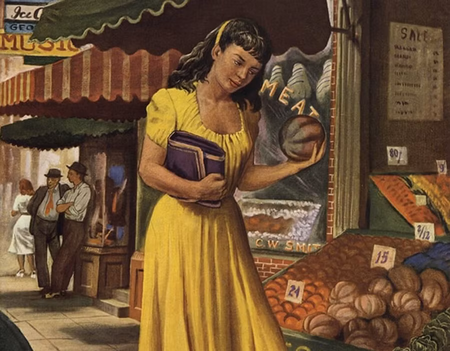 Tranh minh họa nhà khoa học nữ Mary Hunt tìm kiếm nấm mốc ở cửa hàng trái cây.