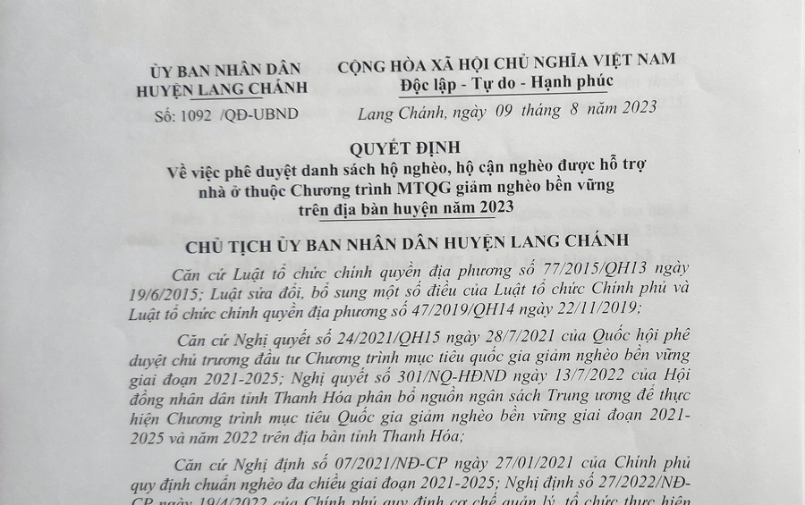 Quyết định phê duyệt danh sách hộ nghèo, cận nghèo được hỗ trợ làm nhà của huyện Lang Chánh.